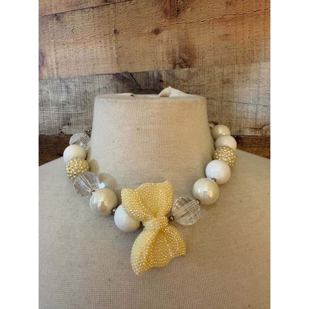 Chunky Bubblegum Bead Statement Necklace Yellow Glitter Bow White